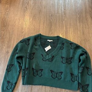 PacSun Dark Green V-Neck Cropped Butterfly Sweater
